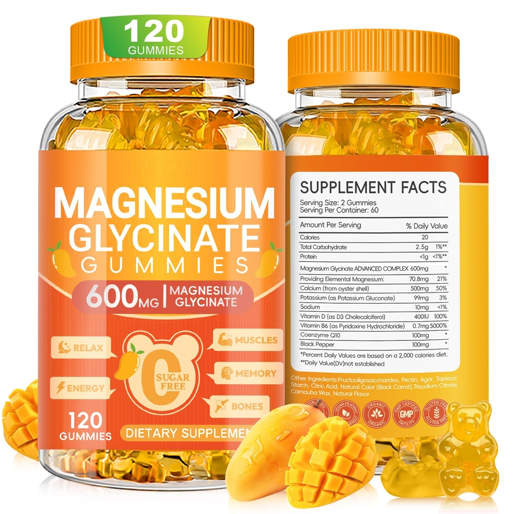 Magnezij Glycinate Gumies 600mg, žvečljivi sladkor brez kalij Magnezij Gumiji z magnezijevim glicinatom, vitamini D, B6 in CoQ10 za spanje, sprostitev, možgani in mišice, 120 Število