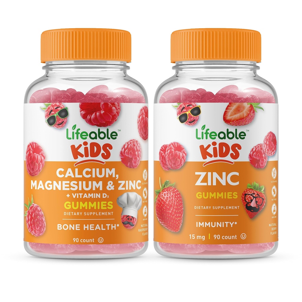 Življenjski kalcij Magnezij & cink Otroci + Cink Otroci, Gummies Bundle - odličen okus, Vitamin dodatek, Gluten brezplačno, GSO brezplačno, Žvečljivi gumi