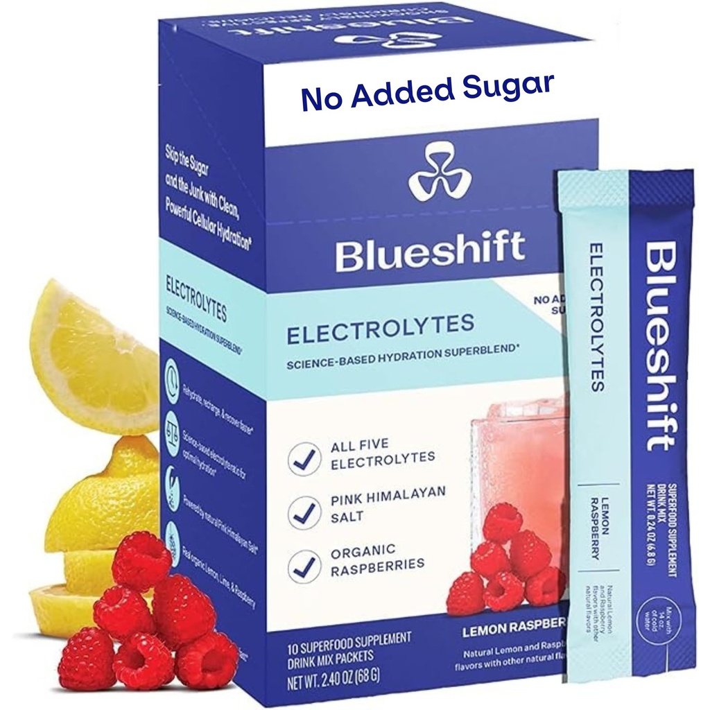 Blueshift Elektroliti - Naravni elektroliti Powder Packets, Organic Hydration Packets, Elektrolit Drink Mix palice brez sladkorja, eno servo paket - Lemon Raspberry Flavor, Prašek palice (10 Pack)