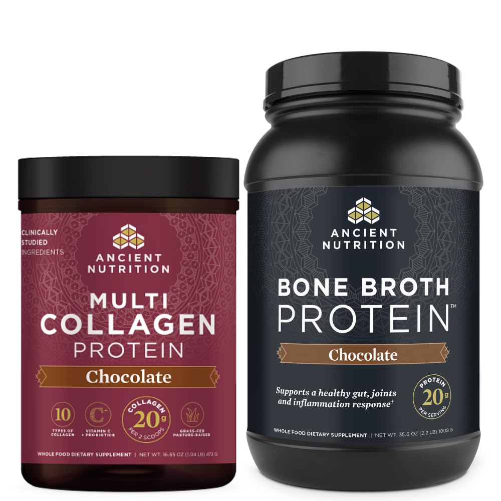 Ancient Nutrition Multi Colagen Protein Powder, Čokolada, 40 Serving + Kostni Broth Protein Powder, Čokolada, 40 Serving