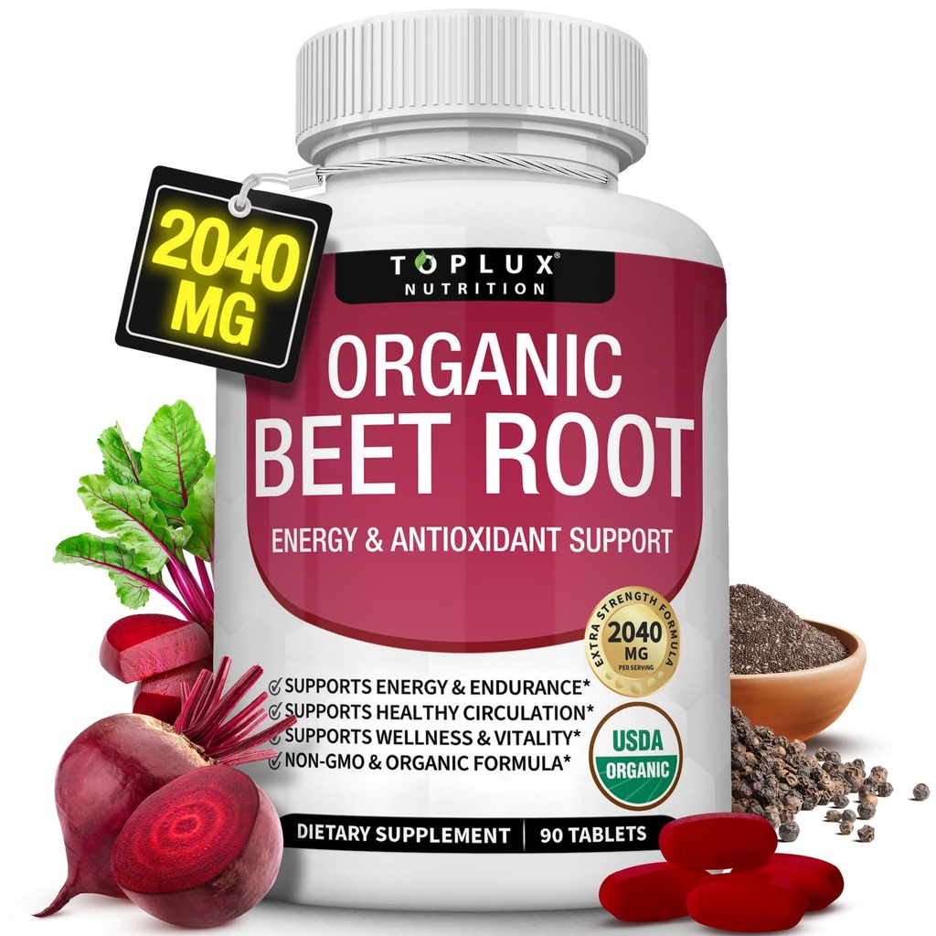 Ekološka pesa Root Powder tablete - 2040mg Natural Oxide Bies to Support, Energija, Črna paprika boljša absorpcija, Non-GMO, za moške, 90 Tablete