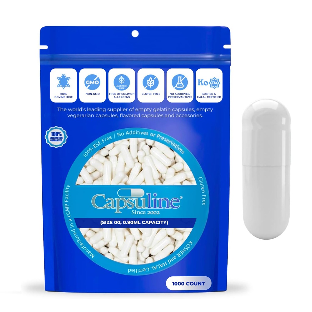 Capsuline velikost 000 - obarvane bele prazne kapsule želatina - 1000 Count - prazne tablete tablete tablete - DIY čiste kapsule goveje tablete polnjenje - prazne pokrovčki - Košir in Halal Certified - Non-GMO Certified