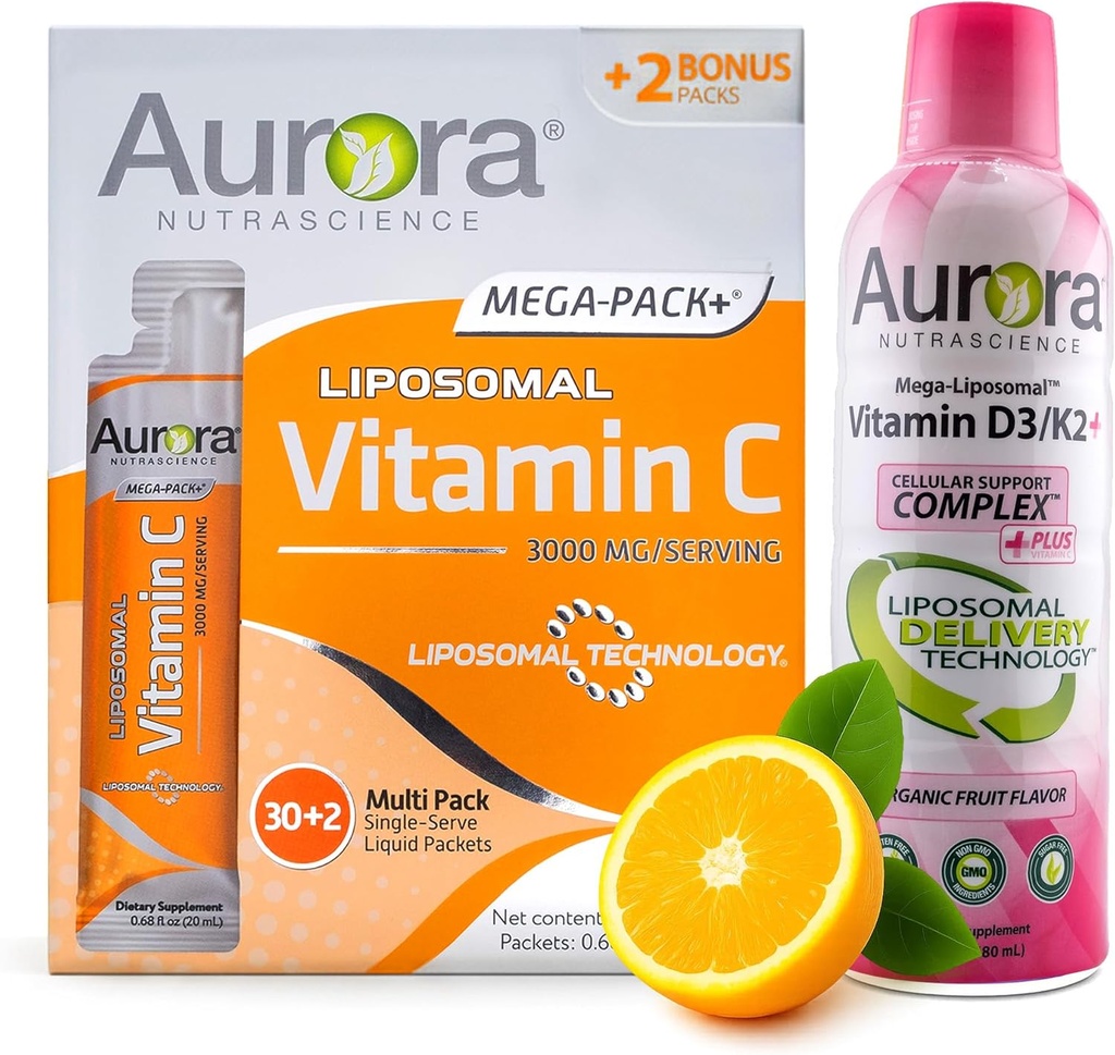 Aurora Nutrascience Mega Liposomal Vitamin C 32 Pack + Vitamin D3/K2 Steklenička paket - Dopolnilo za imuno podporo in kognitivno zdravje - 32 Služi vsak