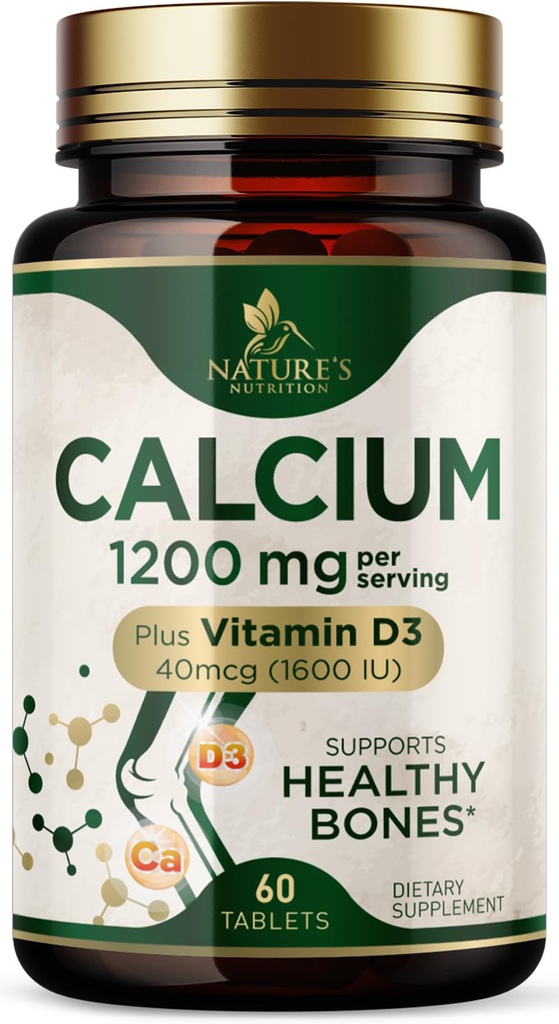 Kalcij 1200 mg z vitaminom D3 - dodatek za zdravje kosti, dodatek vitamina D in kalcija za ženske in moške - moč kosti, podpora zob in imunskega sistema, naravne kalcijeve tablete, ustekleničen v ZDA - 60 tablet