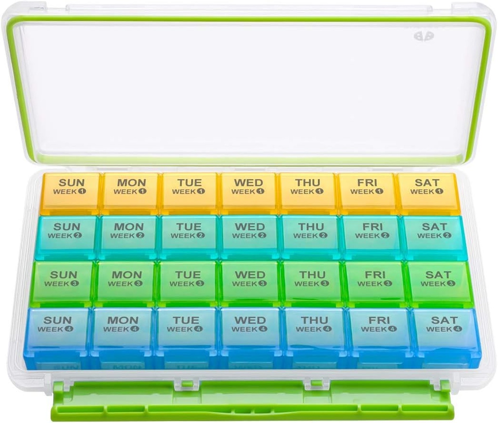 BUG HULL Mesečni tablete Organizator, Moistrure-Proof velike 28 dni Tablete Box z Odstranljivi 4 Tedni Tablete primeri Vrstice, Medicine tablete Organizator, Potovalne tablete Organizator z enomesečni tablet vsebnik za vitamin