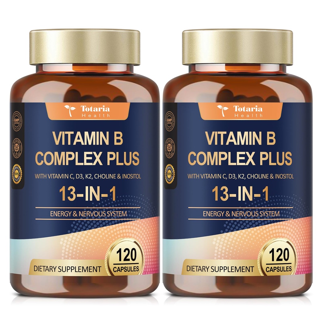 13-v-1 Vitamin B Complex Plus z vitaminom B1, B2, B3 (Niacin), B4, B5, B6, B7 (Biotin), B8 (Inozitol), B9 (Folat), B12, C, D3, K2 za energijo, živec, Imune, Skin - 120 Caps na steklenico - 2 steklenici