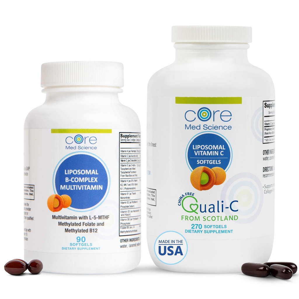 Core Med Science Liposomal Vitamin B-kompleks & Vitamin C 1000mg Soft Gels paket za zdravje srca in imunski sistem