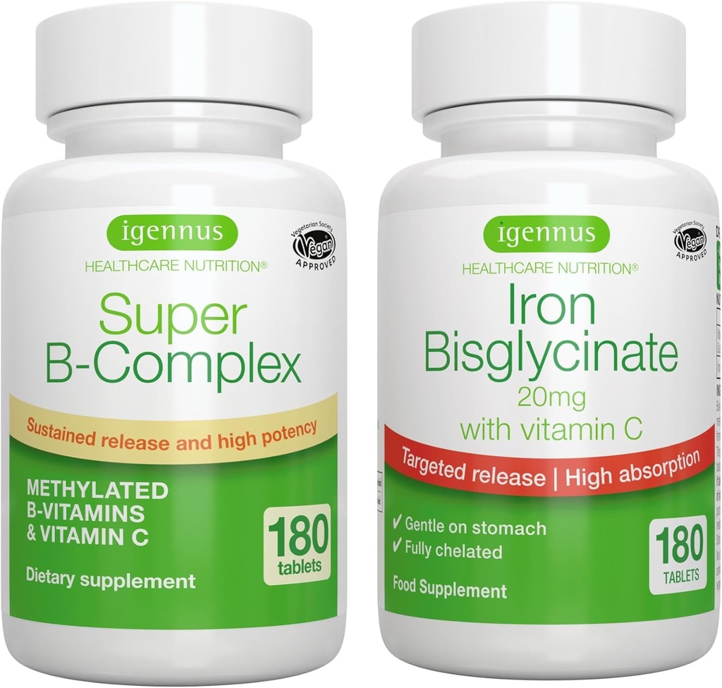 Super B-kompleks & visoka absorpcija železov bisglicinat 20mg z vitaminom C, Vegan Bundle, Metilirana trajen release B kompleks & Gentle One-a-Day železo s ciljno sprostitev, Igennus