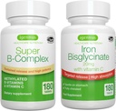 Super B-kompleks & visoka absorpcija železov bisglicinat 20mg z vitaminom C, Vegan Bundle, Metilirana trajen release B kompleks & Gentle One-a-Day železo s ciljno sprostitev, Igennus