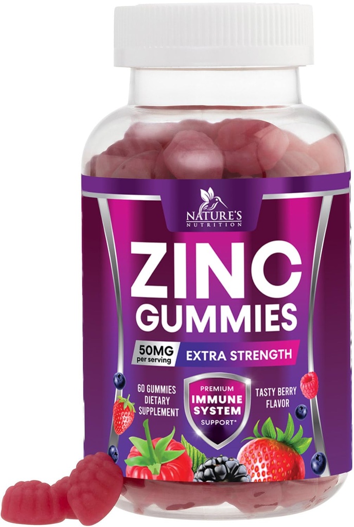Cink Gumies 50mg - Kost Koža in Imunska podpora Zdravje Gummy & Premium Antioksidant Žvečljiv za odrasle - Visoka absorpcija Vegan, Gluten brez cinka dopolnila Vitamin - Okusna Berry aroma - 60 Gumies