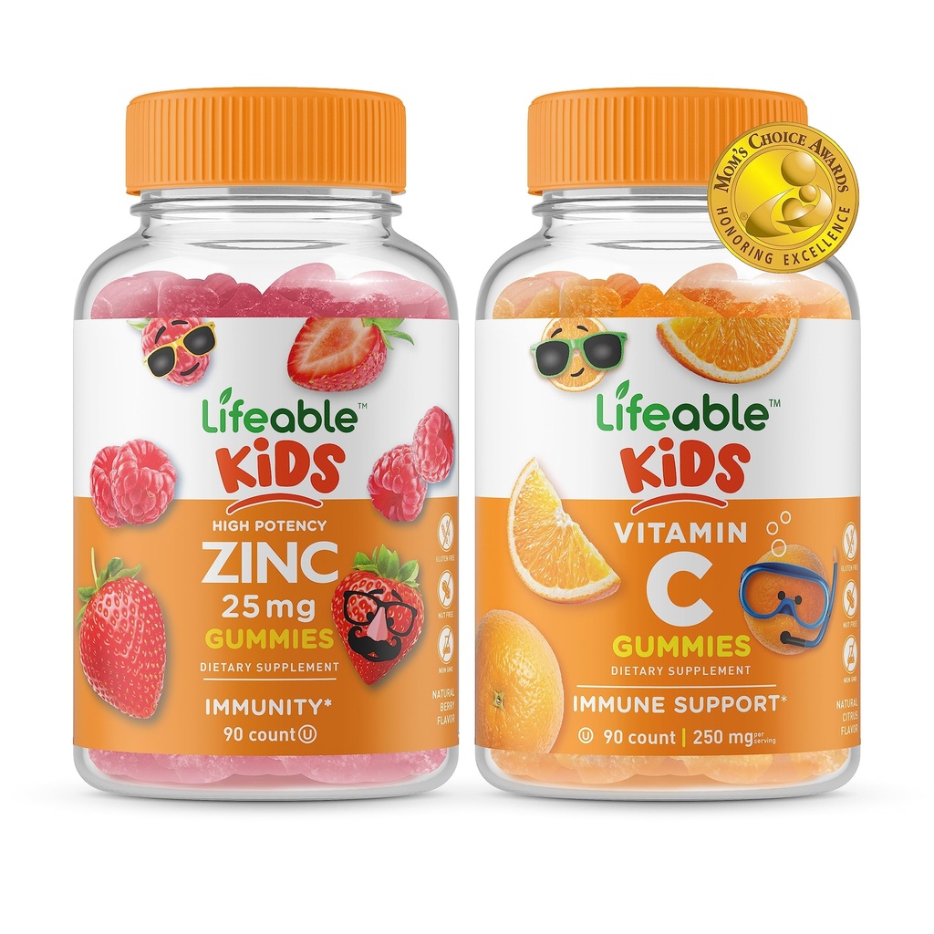 Življenjski cink 25mg Otroci + Vitamin C Otroci, Gummies Bundle - odličen okus, Vitamin dodatek, Gluten brezplačno, GSO brezplačno, Žvečljivi gumi