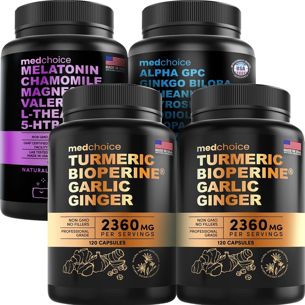 MEDCHOICE Turmeric & Ginger (240ct), Sleep Melatonin (90ct), in Nootropic Brain (60ct) Dodatek Bundele - Wellness Trio za možgane, spanje, in imunske podpore - Vegan, Non-GMO, Gluten-free