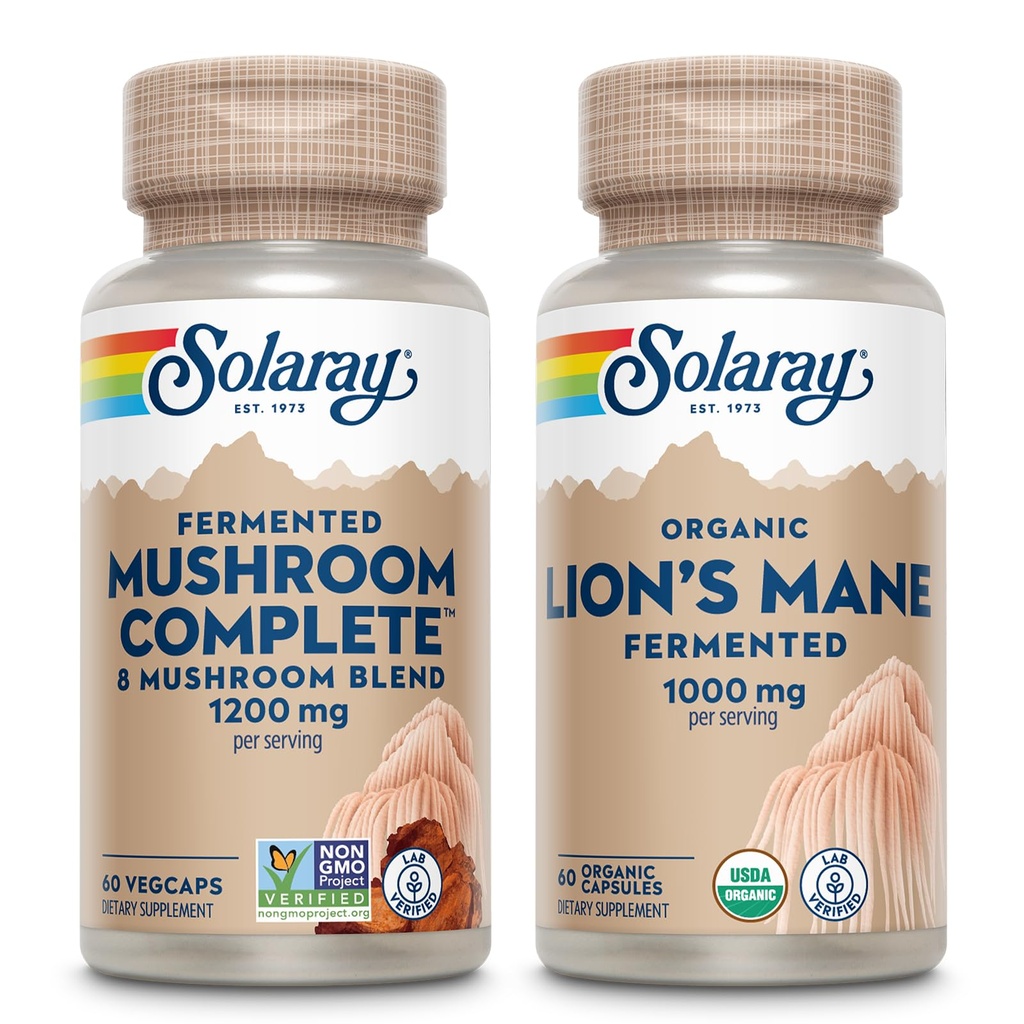 SOLARAY Mushroom Complete and Lions Mane Mushrooms Bundle - 8 Mushroom Supplement Plus Organic Lion’s Mane - Fermented for Enhanced Absorption and Whole Body Wellness, 60-Day Guarantee, 60 VegCaps Ea.