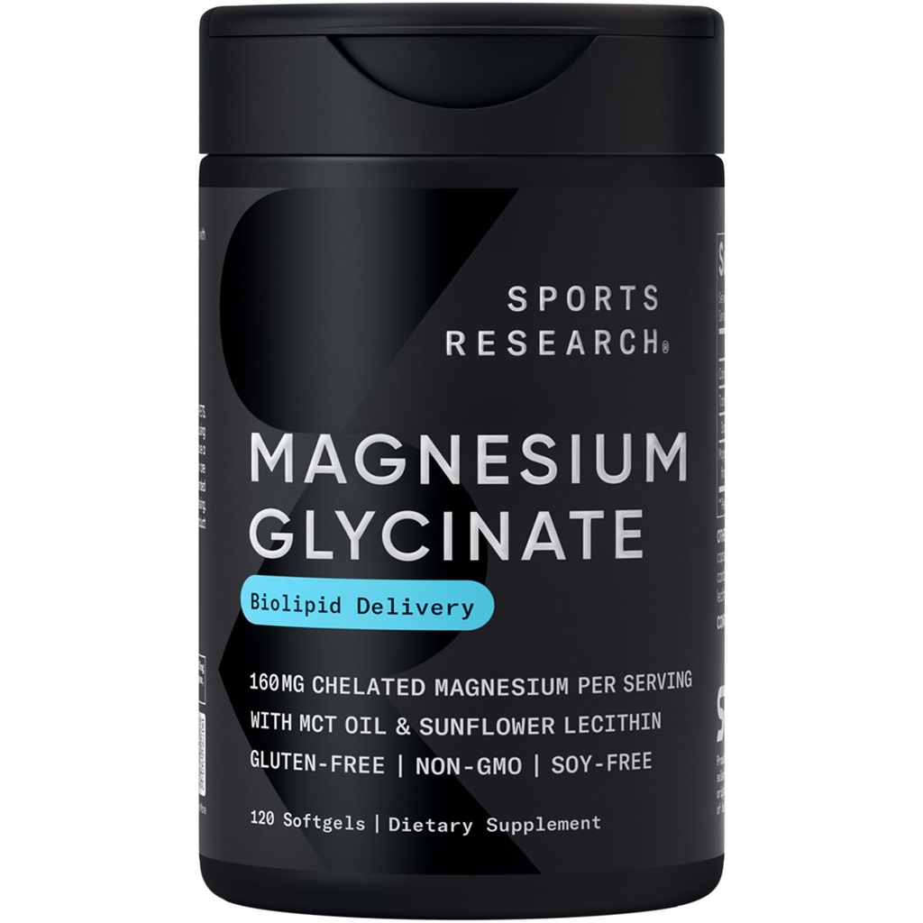 Sports Research® Magnezij Glycinate - Suports Nepomirljiv spanec in encimski procesi - 160 mg kelirani magnezij - tekoči softgel - 120 števk
