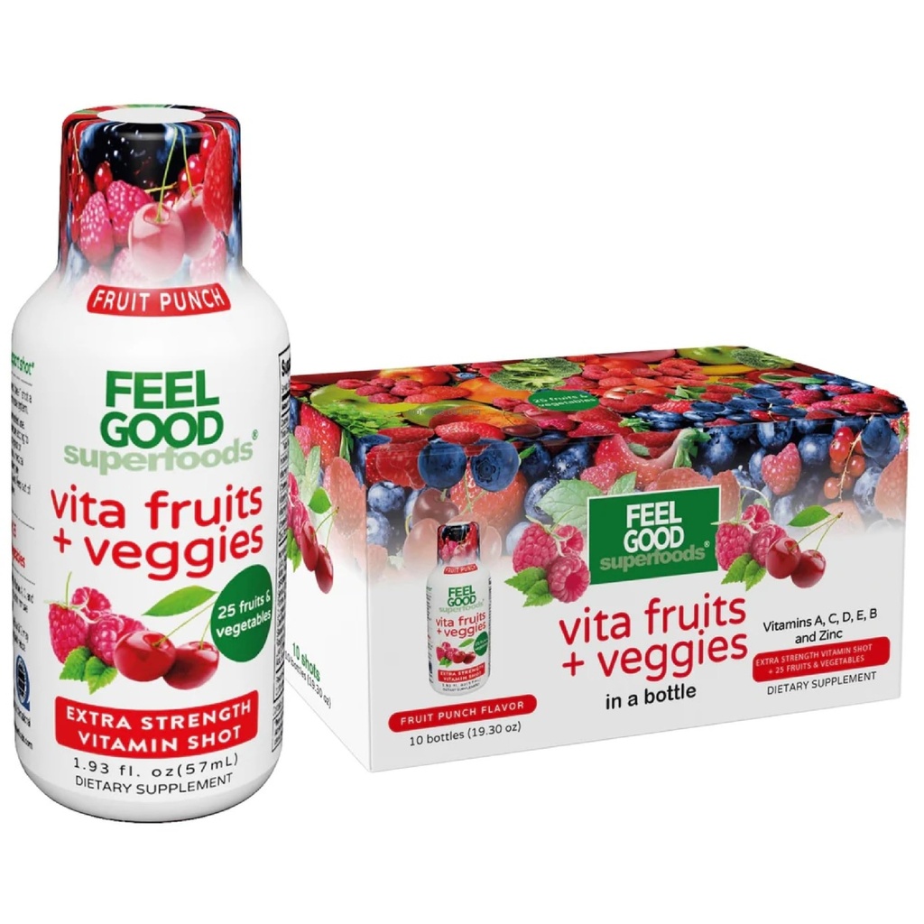 FeelGood Superfoods Vita Fruits and Veggies Imunska podpora Shot dopolnila, sadni punch aroma, paket 10 Imunity Shots, Imunies System Booster Drink Izdelano s 25 Organic sadja in zelenjave