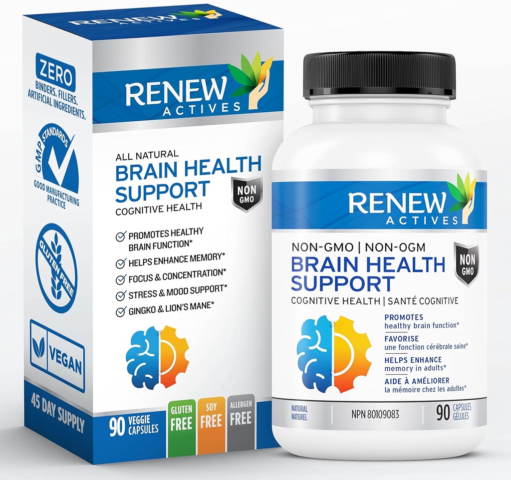 Renew Actives Brain Health Support – Bacopa 300MG, Ginkgo 100MG, Lion’s Mane 200MG na 2 kapsuli – Podpira kognitivno zdravje, okrepljen spomin, spodbuja fokus in razpoloženje – Made in Canada - 90 kapsul