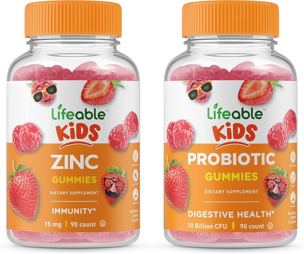 Življenjski cink otroci + probiotiki 5 milijard otrok, Gummies Bundle - odličen okus, Vitamin dopolnilo, Gluten brezplačno, GSO brezplačno, Žvečljivi gumi