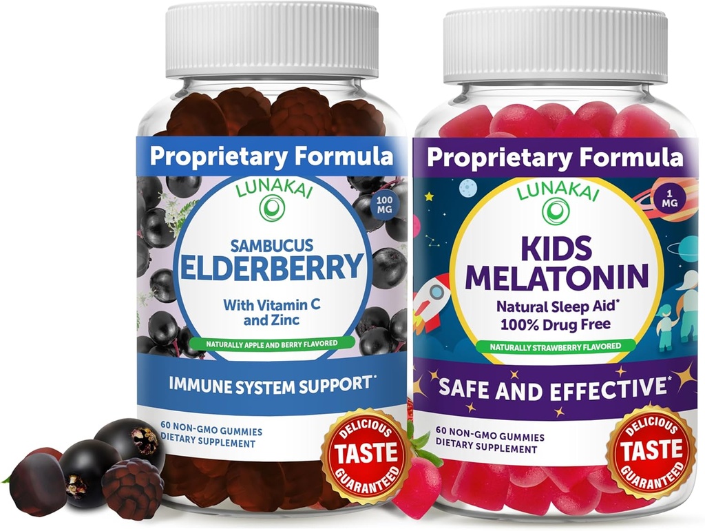 Lunakai Adult Elderberry and Kids Melatonin Gummies Bundele - Imunska podpora z cinkom in vitaminom C za odrasle in otroke - Non-GMO, Vegan, Gluten Free Natural Sleep Gummy