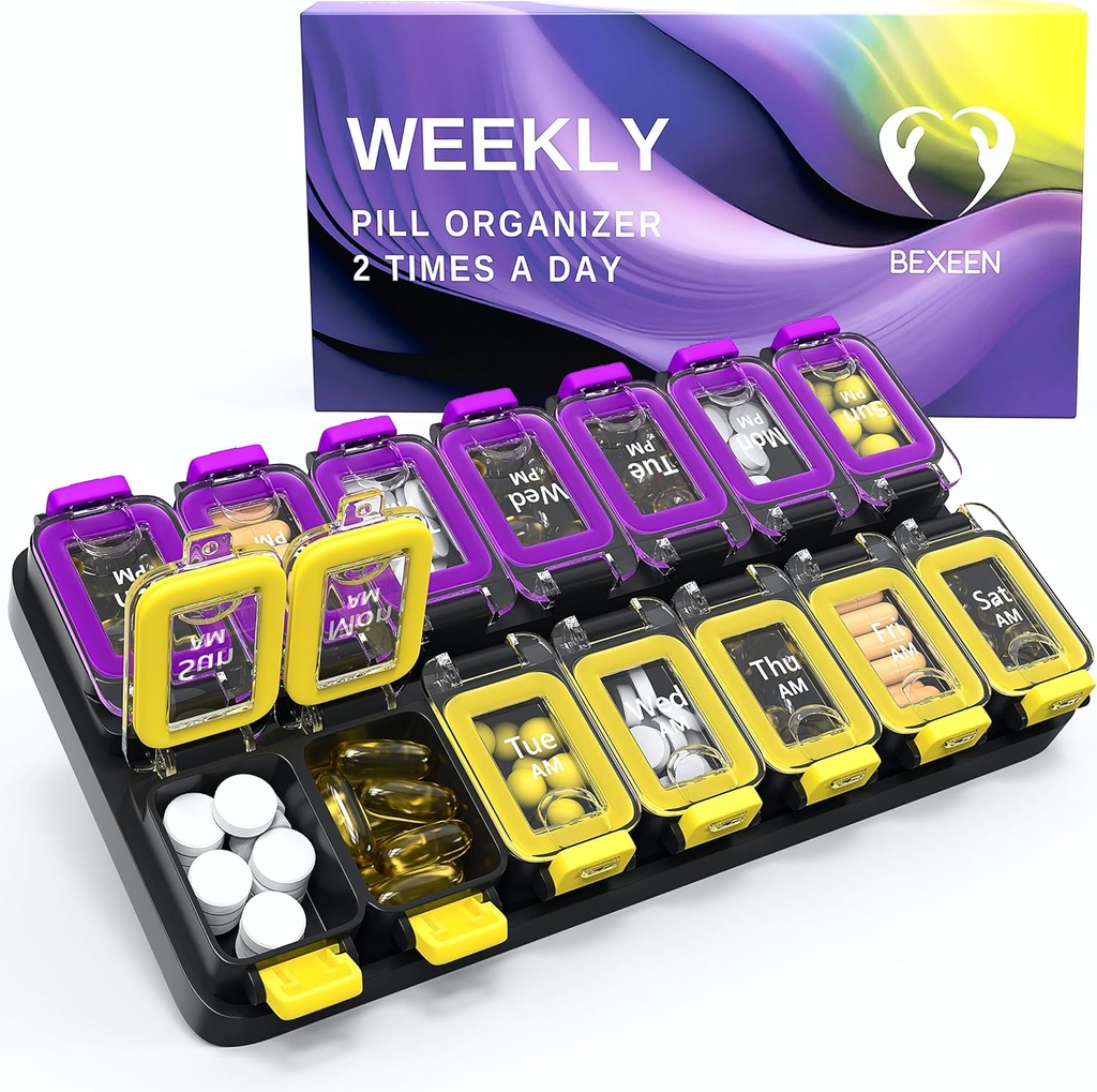 Ekstra velike tedenske tablete Organizator 2 krat na dan - nepropustne tablete Box 7 dan - Am Pm Vitamin Case - Medicine Container dva tedna Dopolnilo imetnik dnevno shranjevanje zdravila dvakrat med XL rumena / Purple