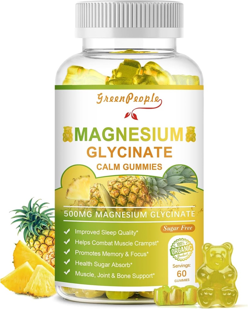 GREENPEOPLE Magnezij Glicinat Gumiji s Citratom 1000mg, Taurat & Matale - Brez sladkorja - Magnezij Kalij dodatek z vitaminom D, K2 za mirno Mood & Zzz podporo - 60 Ananas Gumies