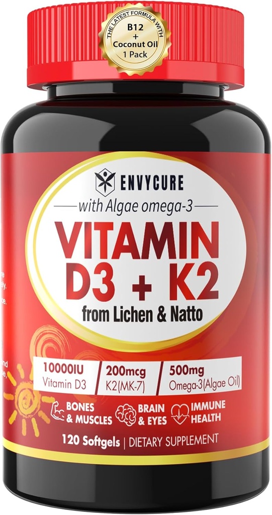Na rastlinah osnovan vitamin D3 K2 dodatek softgel - Vit D3 10000 Iu + vitamin K2 Mk7 200 Mcg, Algae Omega-3, Magnezij, vitamin B12 za kosti in mišice, Imunska podpora, Max Absorpcija, Enostavno pogoltniti 1 pakiranje