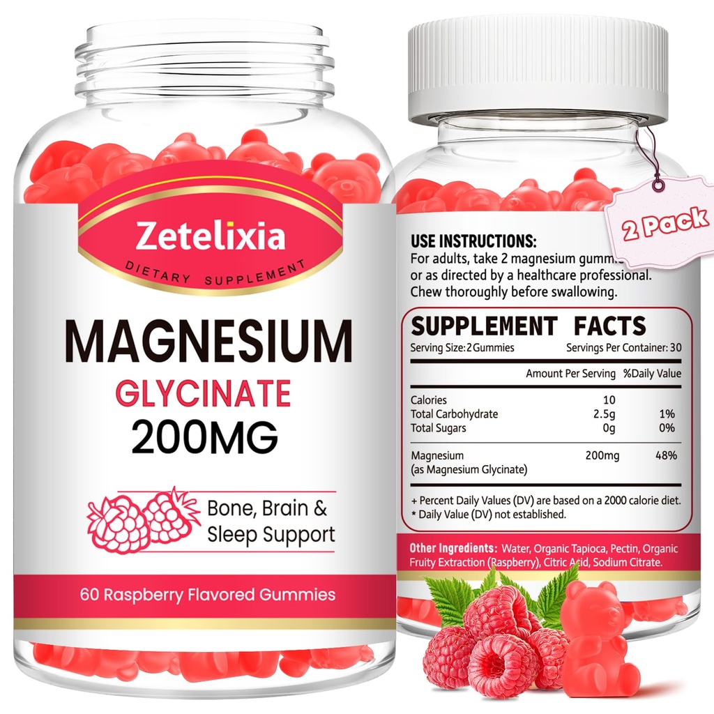 Magnezij Glicinat Gumies, visoka absorpcija Magnezijev Glicinat Dodatki za sprostitev, Magnezijev žvečenje za odrasle in otroke, Raspberry Flavor 120 Count