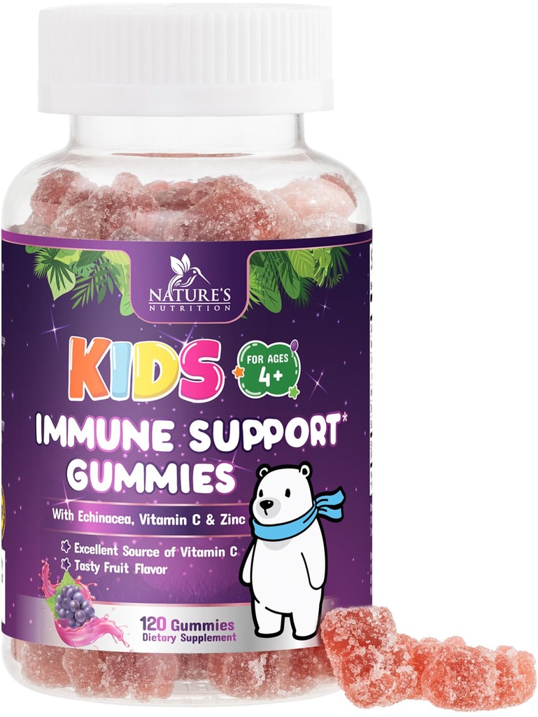 Imunska podpora Gumiji za otroke z vitaminom C, cinkom in echinacea - Otroška dnevna Imunska zdravstvena podpora Gummy dodatek, Starost 4 in Up, Natures Otroški vitamini Gluten-free in Non-GMO - 120 Gumies