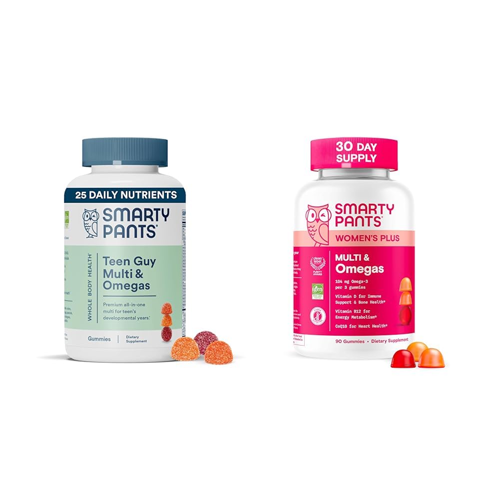 SmartyPants Women's in Teen Gummies Multivitaminski paket: Omega 3 (DHA/EPA), Metilfolat, CoQ10, Vitamin D3, C, Vitamin B12, B6, Vitamin A, K & cink, Gluten brezplačno (30 dnevna dobava)
