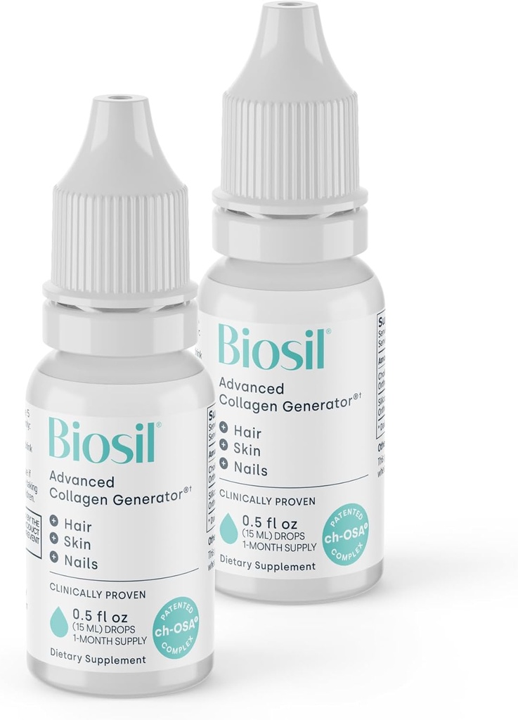 Biosil Collagen Booster dodatek - 0.5 fl oz kapljice, paket 2 - Patented ch-OSA Activator za kožo, lase, nohti in sklepi - Podpira naravno proizvodnjo - 60-dnevno dobavo
