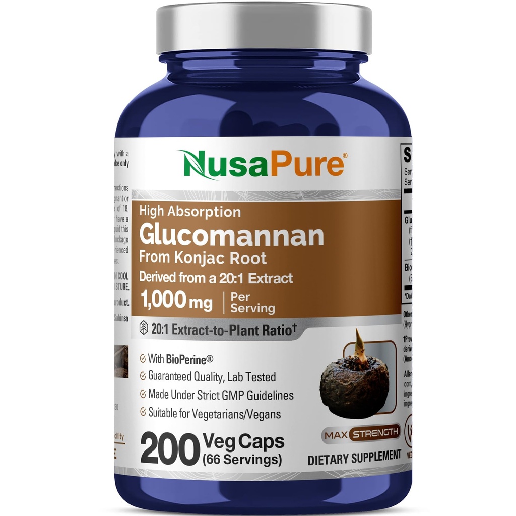 NusaPure Glucomannan 1000 mg na serviranje 200 Veg Caps (BioPerine, Non-GMO, Vegan) Konjac Koren