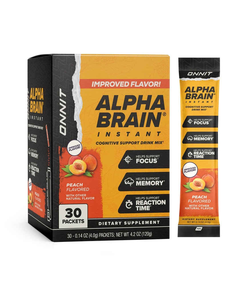 ONNIT Alpha Brain Instant Peach Flavor - Nootropic Brain Booster Memory Supplement - za fokus, energijo in jasnost - Alfa GPC Choline, Cats Claw, L-Theanine, Bacopa - 30ct