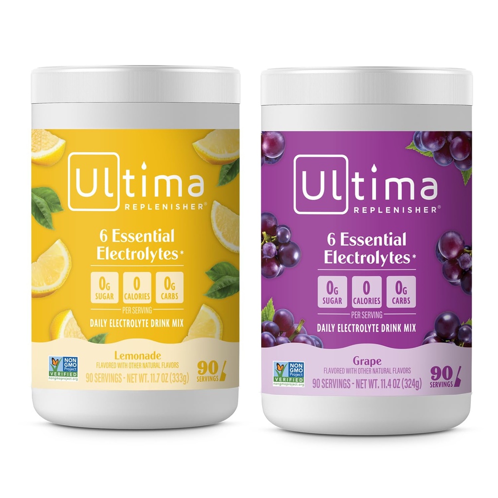Ultima Replenisher Electrolyte Powder Drink Mix Bundle – Brez sladkorja – Limonada in grozdje, 90 Servinga – Hidracija Powder - 6 Ključni elektroliti in sledljivi minerali – Keto prijazno, Non-GMO