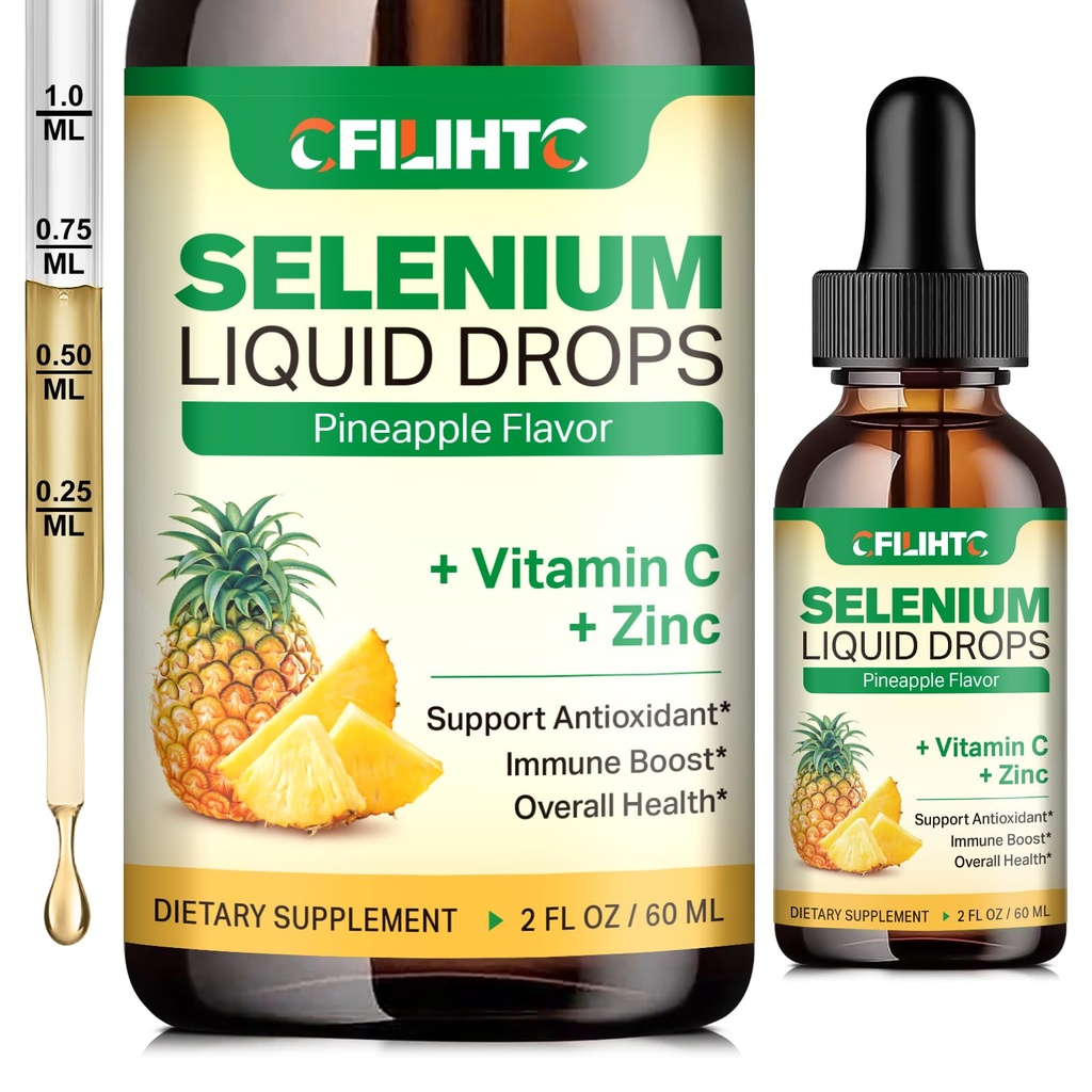 Selen tekoče kapljice, 200mcg tekoči selen dodatek z vitaminom C in cinkom, Podpora za imunski sistem, antioksidant in zdravje srca, visoka absorpcija, Ananasov aroma, 2 Fl Oz