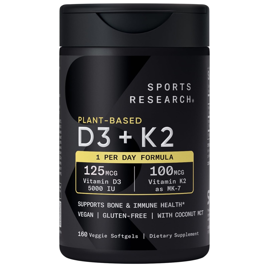 Športne raziskave Vitamin D3 K2 s 5000iu na rastlinah osnovanega D3 & 100mcg vitamina K2 kot MK-7, Non-GMO Verified & Vegan Certified - 160 Liquid Softgels