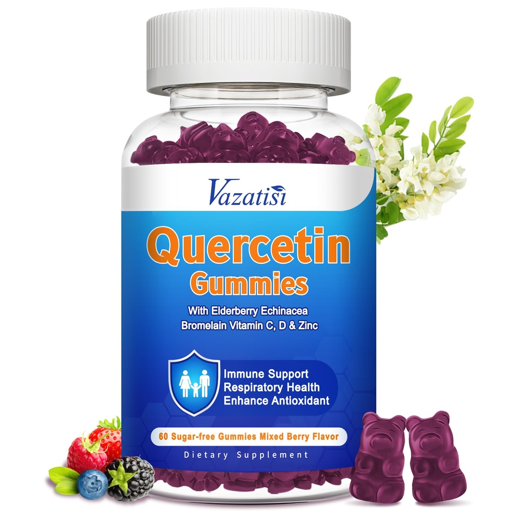 Quercetin z Bromelain Gummies, Quercetin 1200MG z vitaminom C cink in bezgavka za imunski sistem in alergijo, žvečljivi & Veganski Gummies, 60 Cts