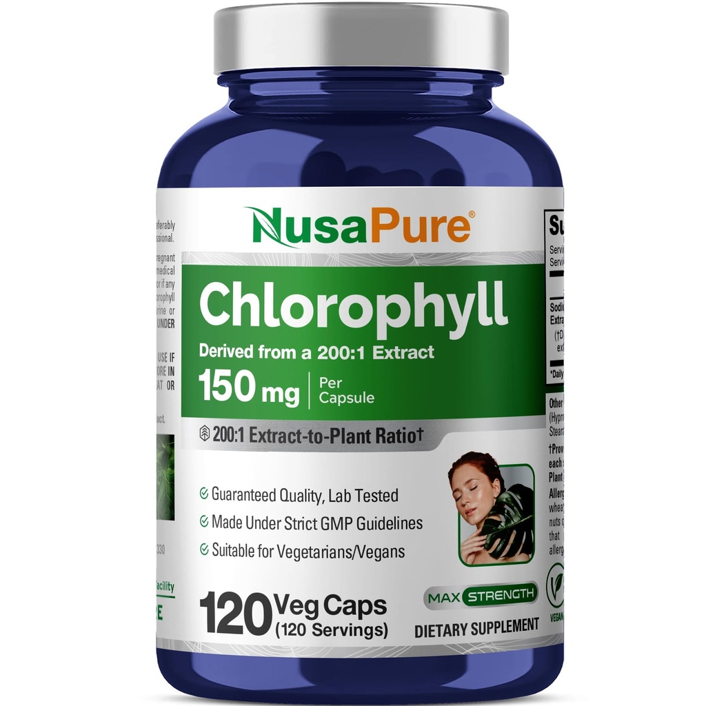 NusaPure Chlorophyll 200:1 ekstrakt, 150 mg ekvivalent 30.000 mg na kapsulo 120 vegetarijanskih pokrovčkov (ne-GMO, Vegan)