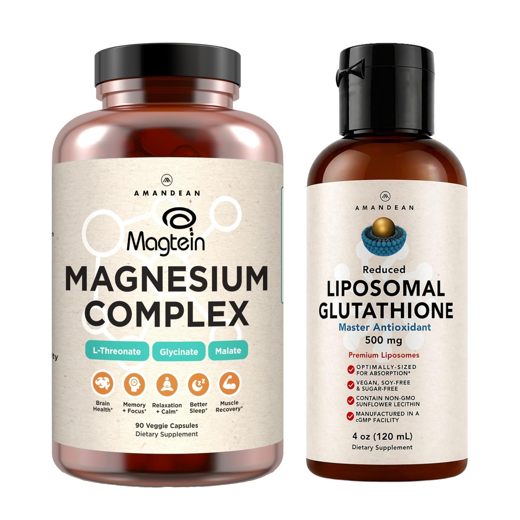 AMANDEAN Premium liposomski glutatione & Magnezijev kompleks paket. Antioksidant. Liquid Setria. Visoka absorpcija Magnezijev treonat, Glicinat & Malate. Brain & Jetra Health. Spomin, fokus in spanje