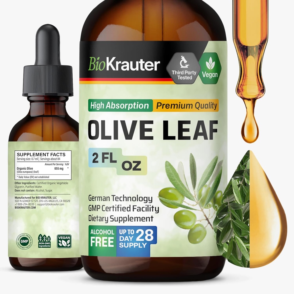 BIO KRAUTER Olive Leaf Extract Liquid - Olive Leaf Tinkture za imuno podporo - Alkohol in sladkor brez - Veganske kapljice 2 Fl.Oz.