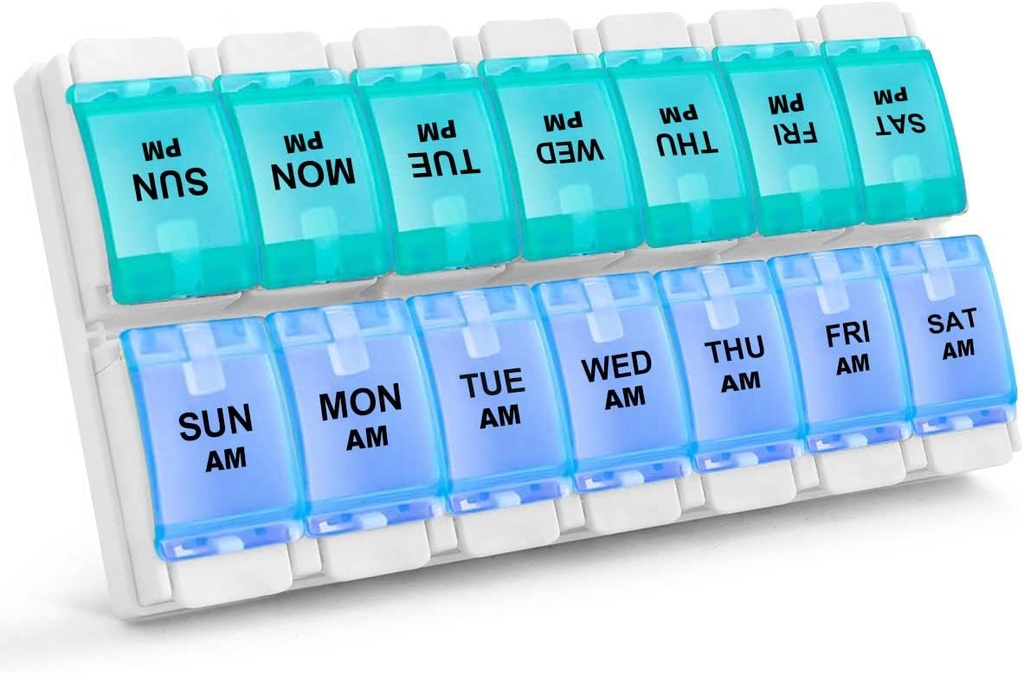 Sukuos AM PM Tedensko 7 dan tablete Organizator, 2 krat na dan tablete škatla z artritisom prijazno push gumb, Medicine Primeri za vitamine/ribje olje/dodatek, Enostavno za čiščenje (Cyan&Blue)