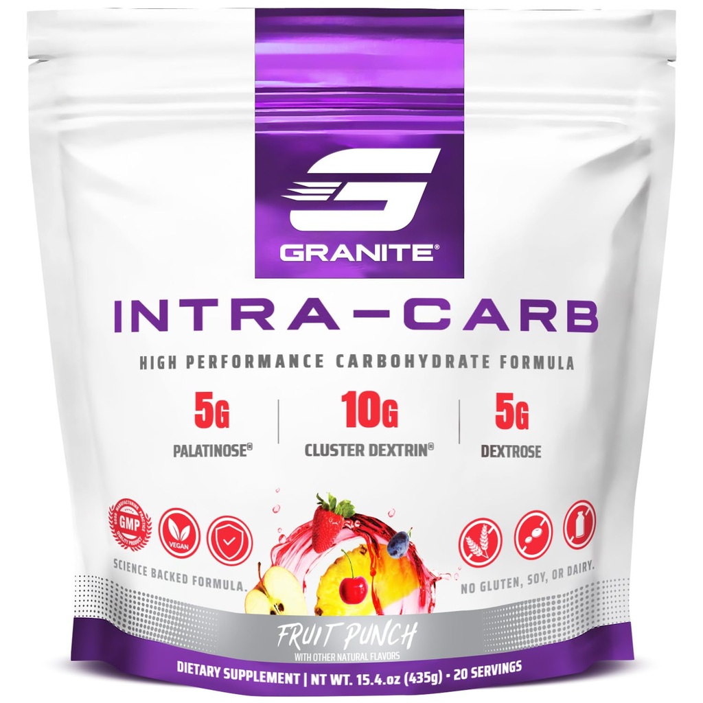 Granit Intra Carb Powder, sadni punch aroma, visoko zmogljiva mešanica ogljikovih hidratov s grozdnim dekstrinom, palatinozo, & dekstrozo, podpira energijo in usposabljanje (20 strežb)