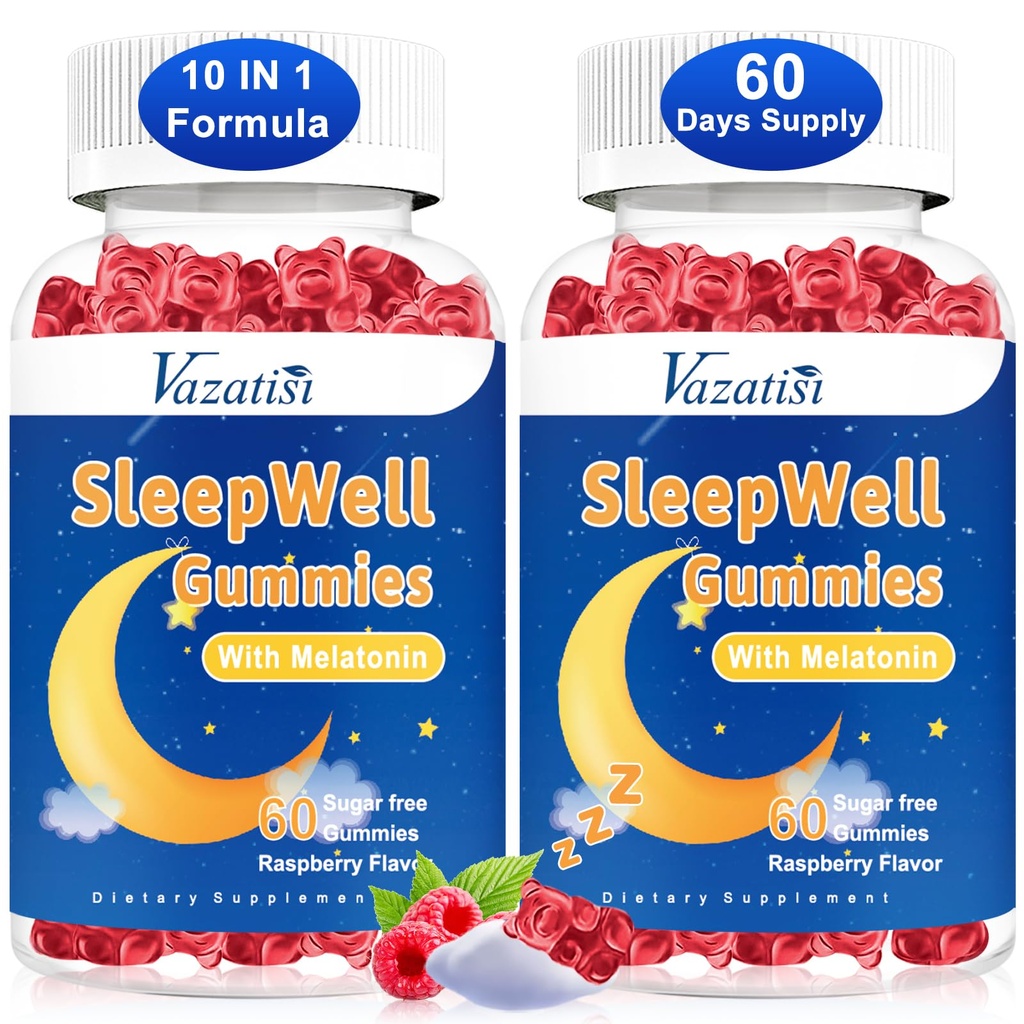 Spanje Gumiji za odrasle in otroke - Sladkor brez melatonin Gumies z magnezijem, L-teanin, vitamin B12, Vegan - Malina Okusen, 120 Cts