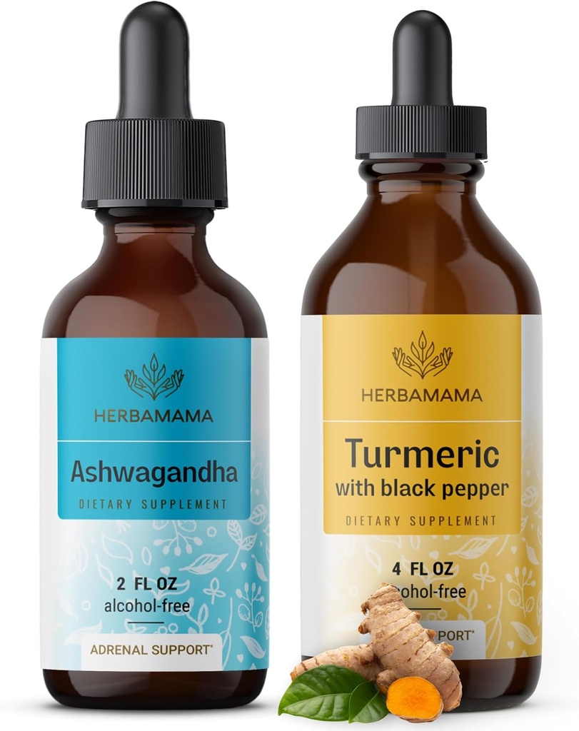HERBAMAMA Herbal Liquid Drops Kit - paket izvlečka korenine Ashwagandha in kurkuma s črnim poprom Tinkture 2 fl oz - Vegan, Non-GMO, Sugar & Alkohol-free - 2 Pack