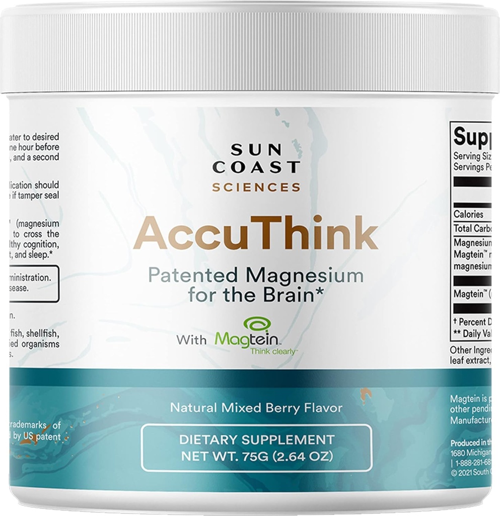 Sun Coast Science Sun Coast Sciences AccuMind - Patented Magnezij Brain - 2,64oz Memory Supplement Brain Health, Spanje, Mood Boost - Kognitivna podpora Dodatek Magnezij Treonate Vitamin C