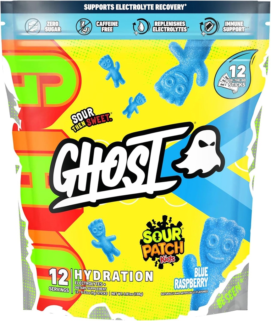 GHOST Hydration Packets, Sour Patch otroci modra malina, 12 Palice, Elektrolitni prašek - pijača Mix dodatek z magnezijem, Kalij, Kalcij, Vitamin C - Vegan, Brez soje, Sladkor & Gluten