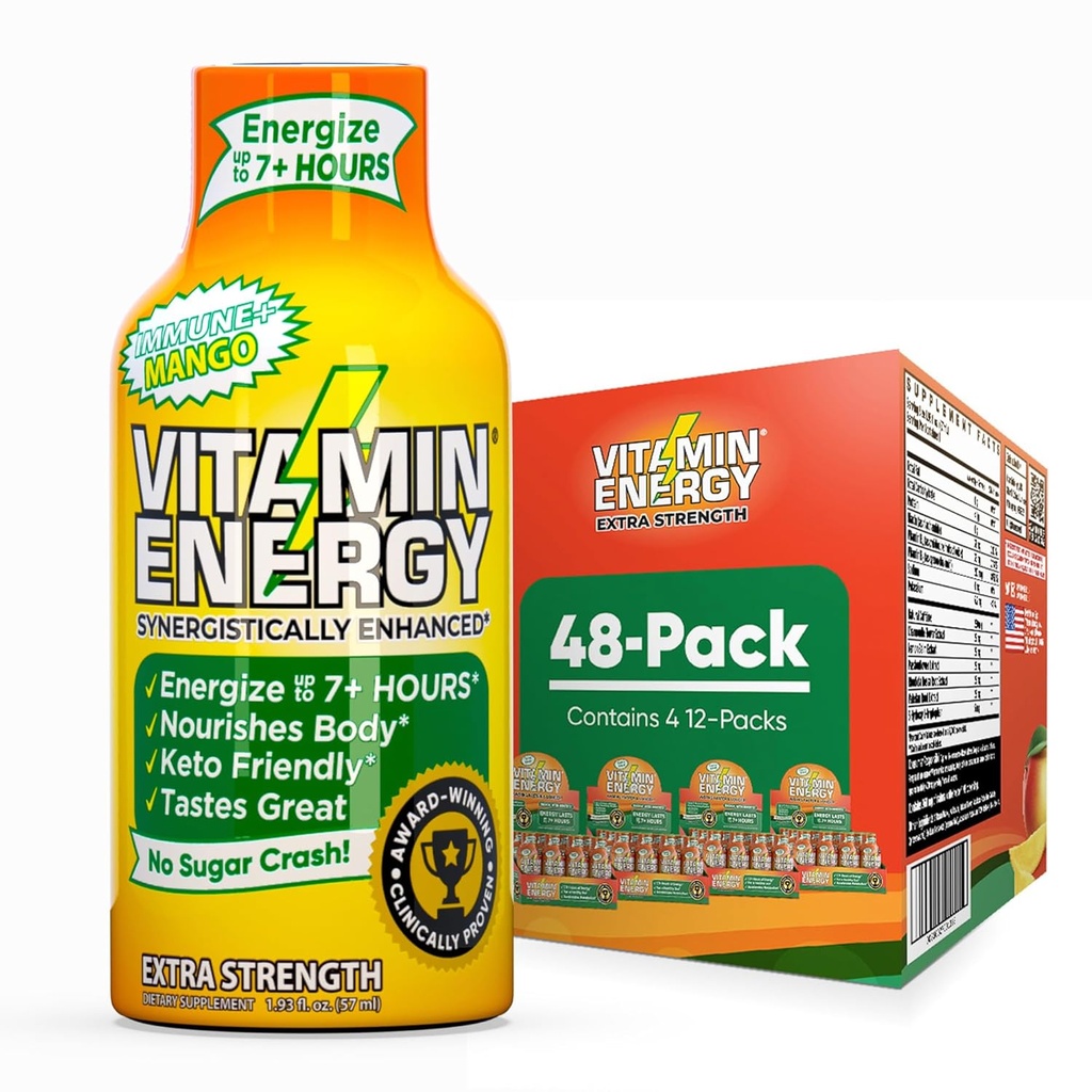 Vitamin Energy Immune+ Ekstra moč Energy Shot Mango 48 Pack, 260mg Naravni kofein, B-vitamini, Citicoline, Zeleni čaj, Imuniteta in fokus podpora, Nič sladkorja, Gluten-free 1,93 fl oz