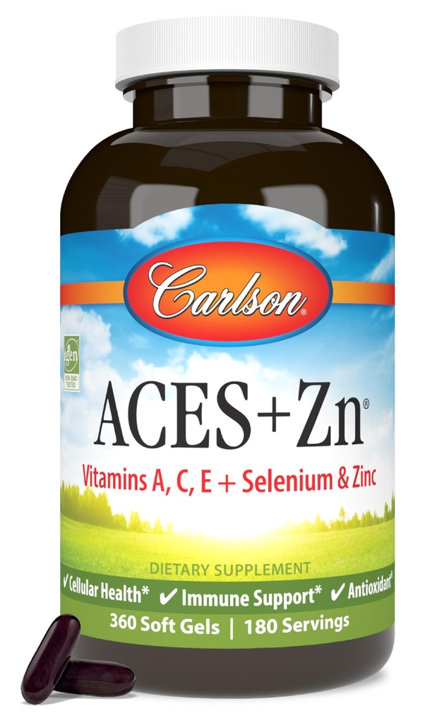 Carlson - ACES + Zn, vitamini A, C, E + selen in cink, multivitaminski z cinkom, celično zdravje in imunosupresivna podpora, selen multivitamin, antioksidant, 360 softgels