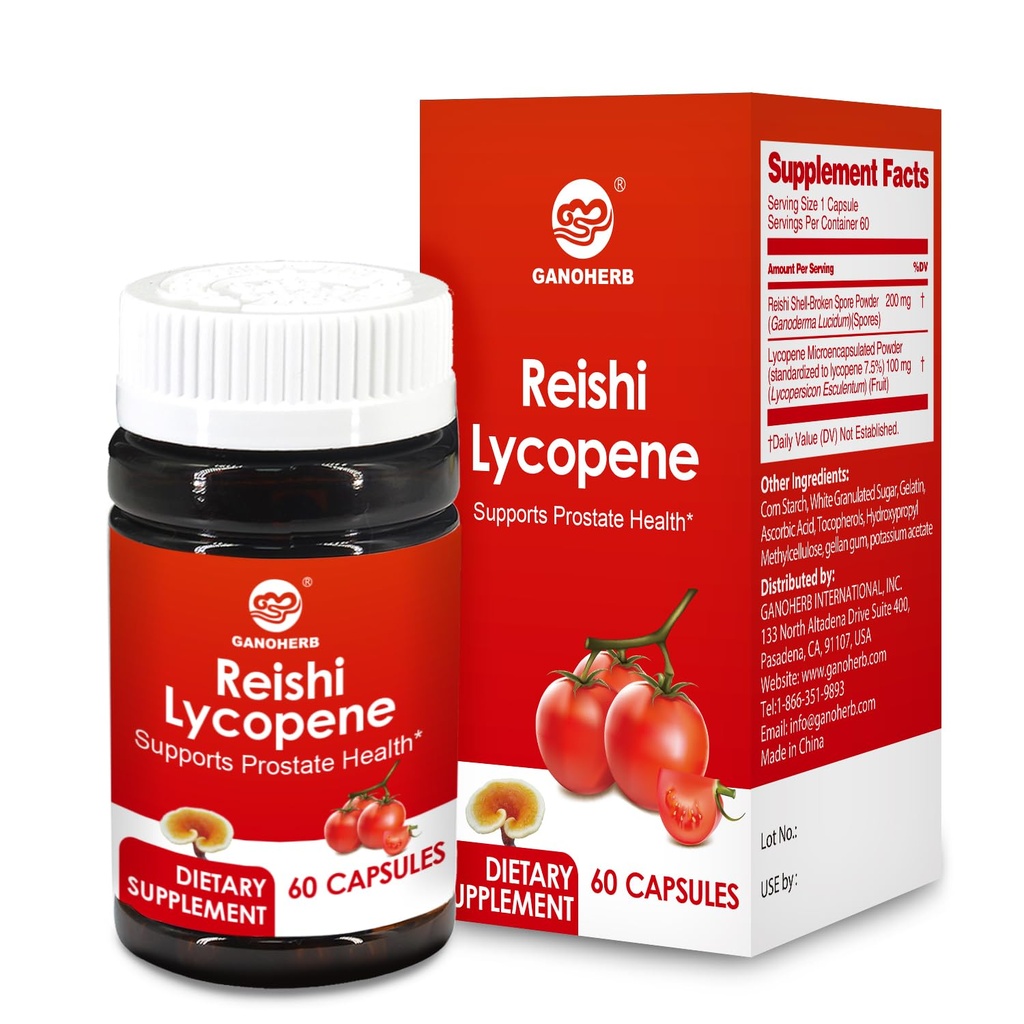Likopen dopolnilo 100mg, naravni paradižnik ekstrakt z Reishi gobe 200mg, goba kapsule za imuno zdravje, Gluten-free, Non-GMO, Vegan, 60 kapsul za hitro sproščanje