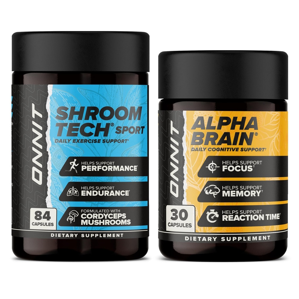 ONNIT Premium Alpha Brain Bundle - Nootropic Brain Supplement (30 Count) za fokus, Koncentracija in spomin + Shroom Tech Sport za vadbo, energijo in kardiovaskularne zmogljivosti (84 Count)