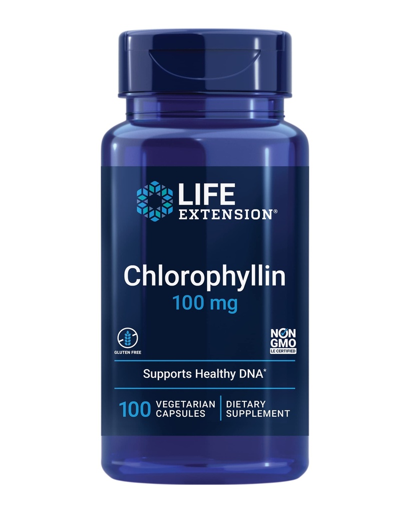 Življenjski podaljšek Klorofilin, antioksidant in DNA Health Support, Gluten-free, Non-GMO, Vegetarian, 100 Vegetarijanske kapsule