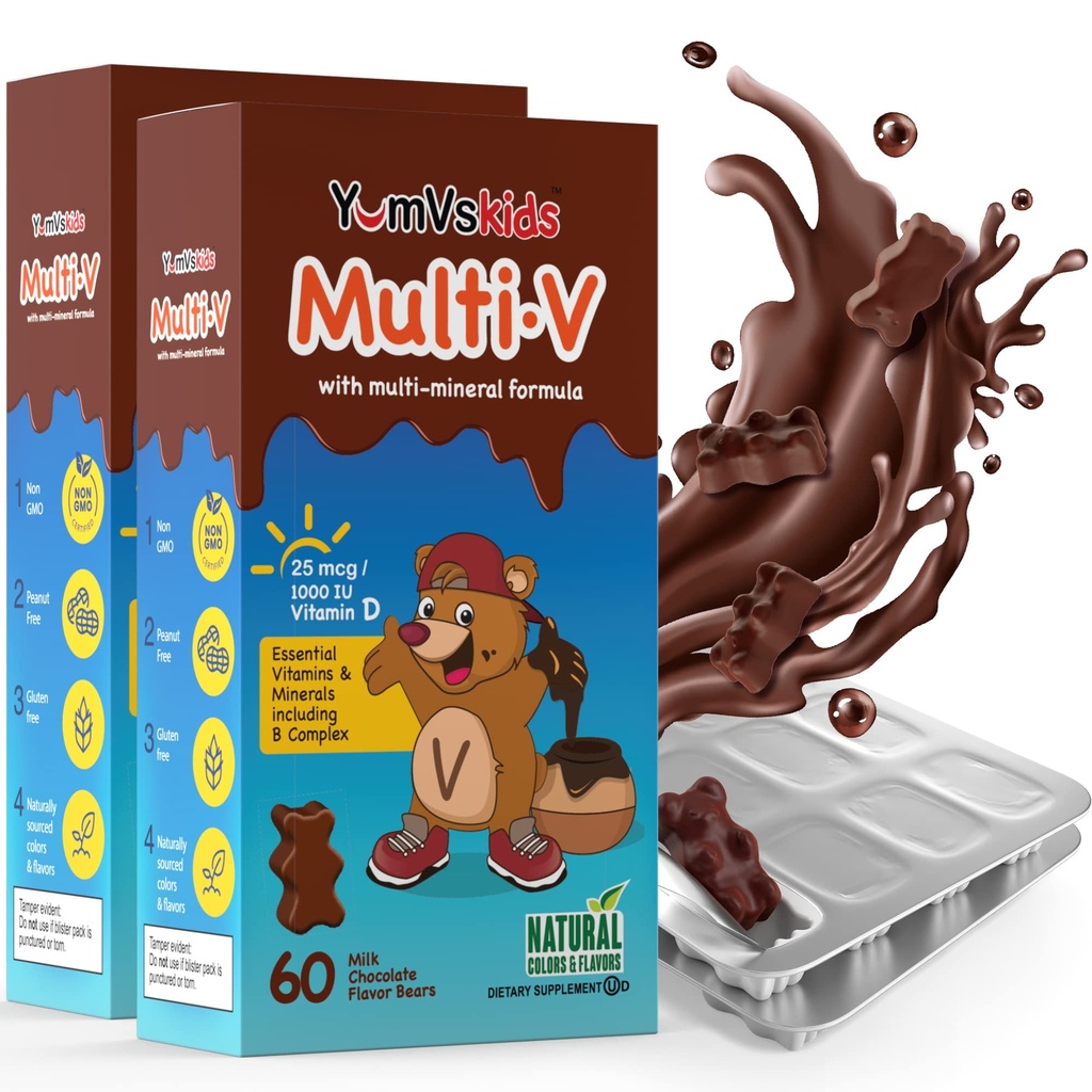 YUM-V'S - otroci večvitaminski žvečljivi čokoladni medvedi - multivitaminski za otroke dodatek - 16 Vitamini in minerali - Vitamini vključno z D, cink, C, B Complex & More, 60 Število (Pack of 2)